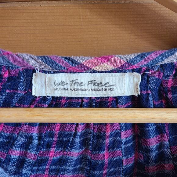 Free People Cloudbreaker Plaid Tunic Oversized Lace Up Pullover Blue Pink Medium - Picture 4 of 6
